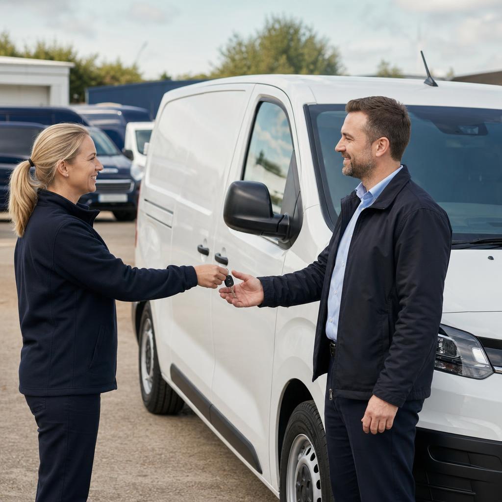 A customer receiving keys beside a ready-to-hire white van on a clean forecourt.