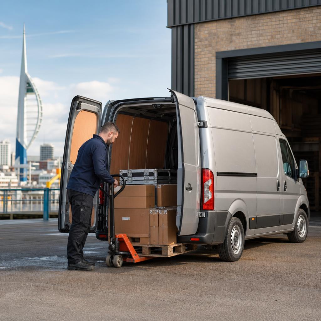 A business customer loading equipment into a hire van in an urban Southampton setting.