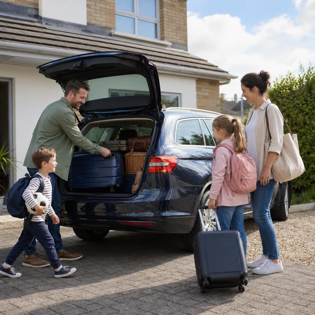 A family loading luggage into a clean hire car for a Portsmouth trip.