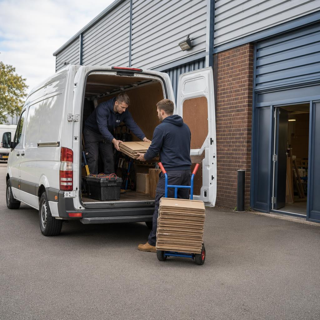 Two workers loading tools and boxes into a hire van at a business unit in Eastleigh.