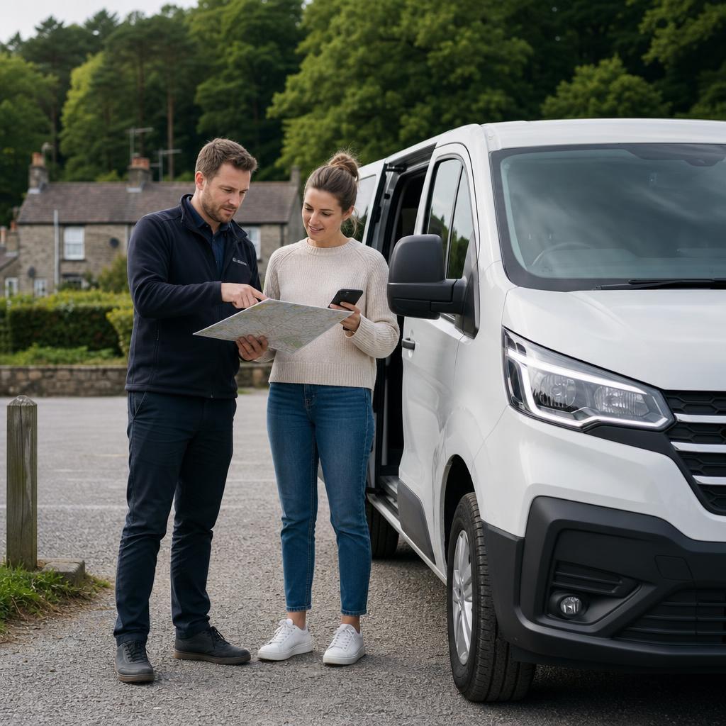 Self-drive rental vehicle on a local road near Fordingbridge and the New Forest edge