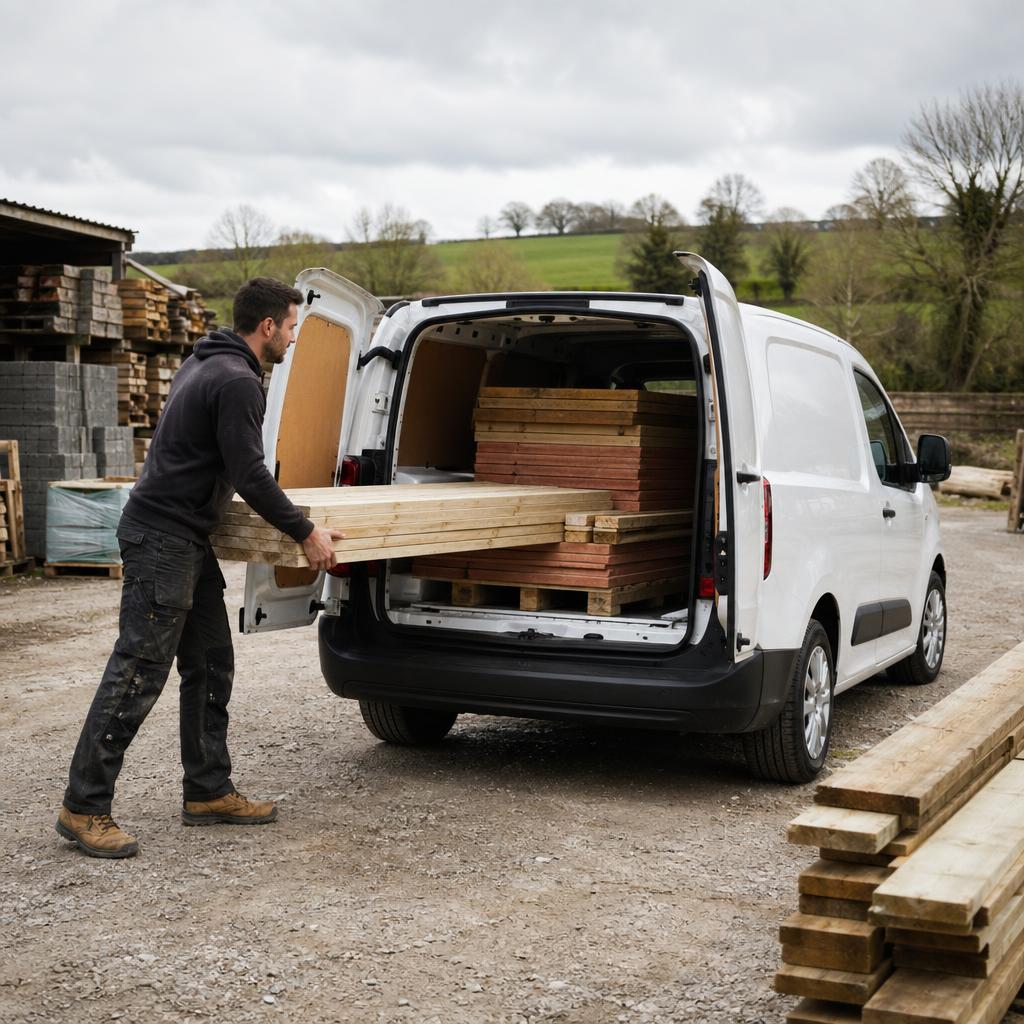 A trade van being loaded with materials at a rural yard near Andover.