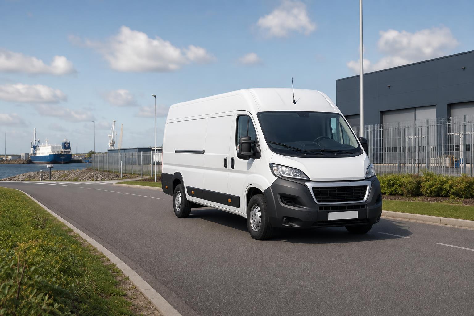 Rental van on a road near Totton with New Forest surroundings